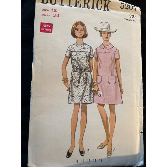 Butterick 1960s Sewing Pattern Semi Fitted A-Line One-Piece Dress Sz 12 Vtg - Picture 1 of 4